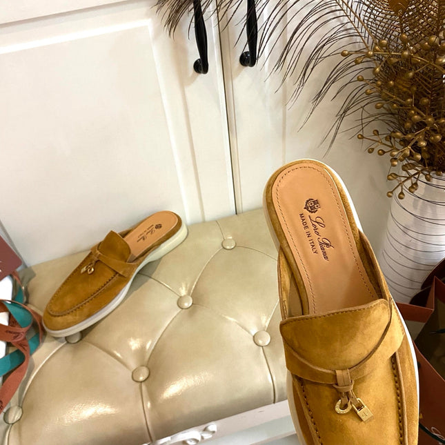 LP 26S LOCK CHARM MULES IN HONEY YELLOW SUEDE GOLD HARDWARE