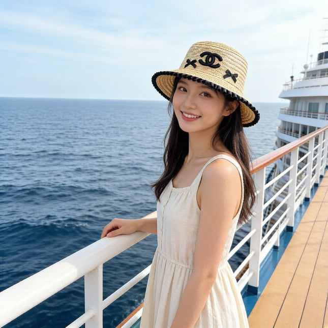 CHANEL 26S BOATER STRAW HAT WITH BLACK CC LOGO 337952