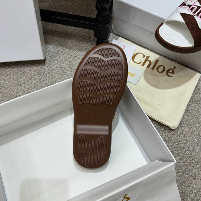 CHLOE 26S FLAT SLIDES IN WHITE & DARK BROWN CANVAS