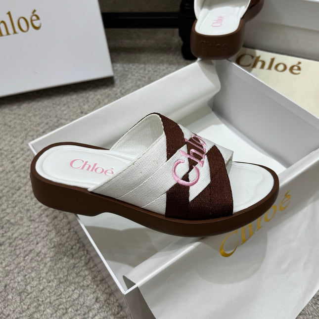 CHLOE 26S FLAT SLIDES IN WHITE & DARK BROWN CANVAS