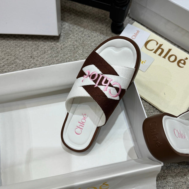 CHLOE 26S FLAT SLIDES IN WHITE & DARK BROWN CANVAS
