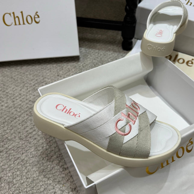 CHLOE 26S FLAT SLIDES IN WHITE & GREIGE CANVAS 