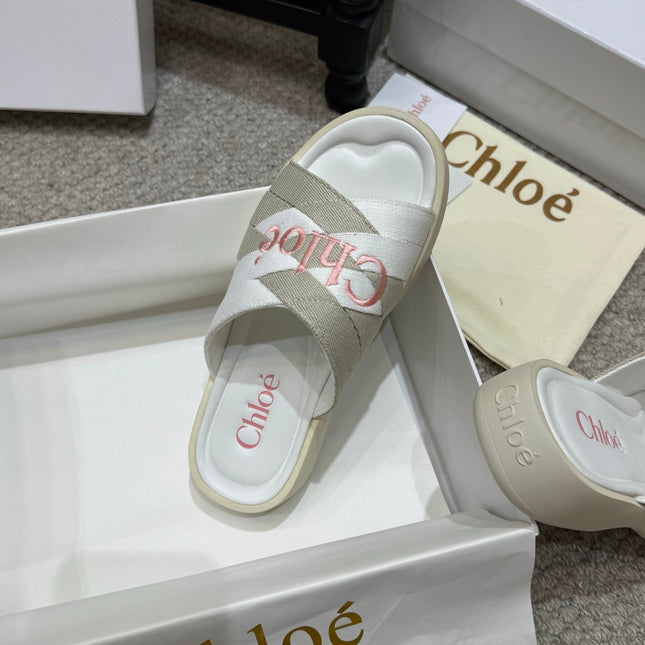 CHLOE 26S FLAT SLIDES IN WHITE & GREIGE CANVAS 
