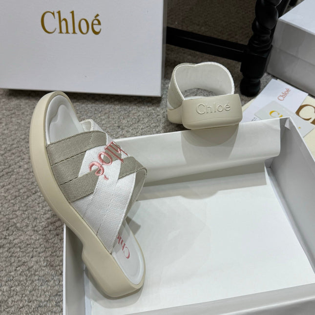 CHLOE 26S FLAT SLIDES IN WHITE & GREIGE CANVAS 