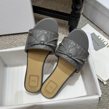 DIOR 26S FLAT MULES IN DARK GREY QUILTED LAMBSKIN SILVER HARDWARE