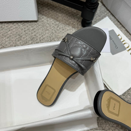 DIOR 26S FLAT MULES IN DARK GREY QUILTED LAMBSKIN SILVER HARDWARE