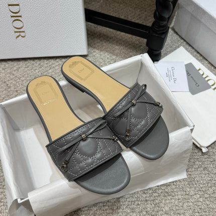 DIOR 26S FLAT MULES IN DARK GREY QUILTED LAMBSKIN SILVER HARDWARE