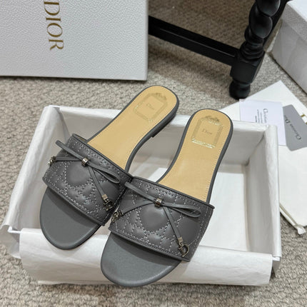 DIOR 26S FLAT MULES IN DARK GREY QUILTED LAMBSKIN SILVER HARDWARE