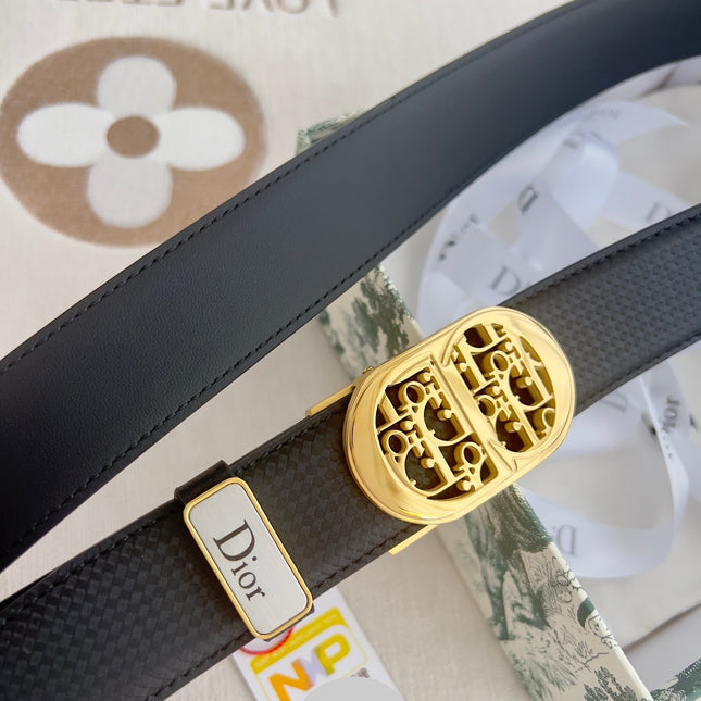 DIOR 26S CD LOGO BELT IN BLACK TEXTURED CALFSKIN GOLD HARDWARE
