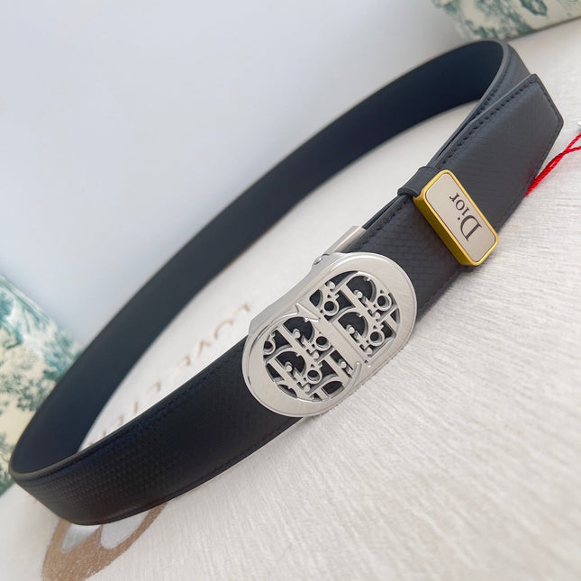 DIOR 26S CD LOGO BELT IN BLACK TEXTURED CALFSKIN SILVER HARDWARE