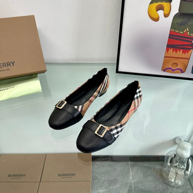 BURBERRY 26S PLAID FLATS IN BLACK CALFSKIN AND FABRIC