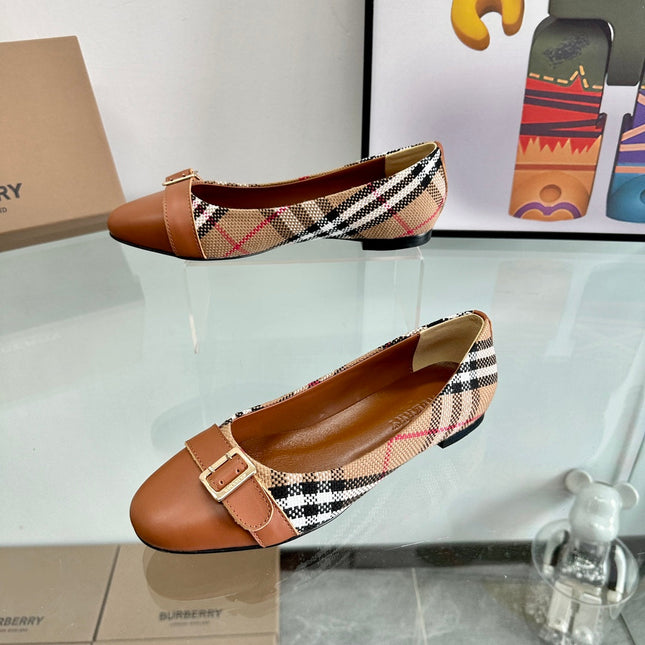 BURBERRY 26S PLAID FLATS IN BROWN CALFSKIN AND FABRIC