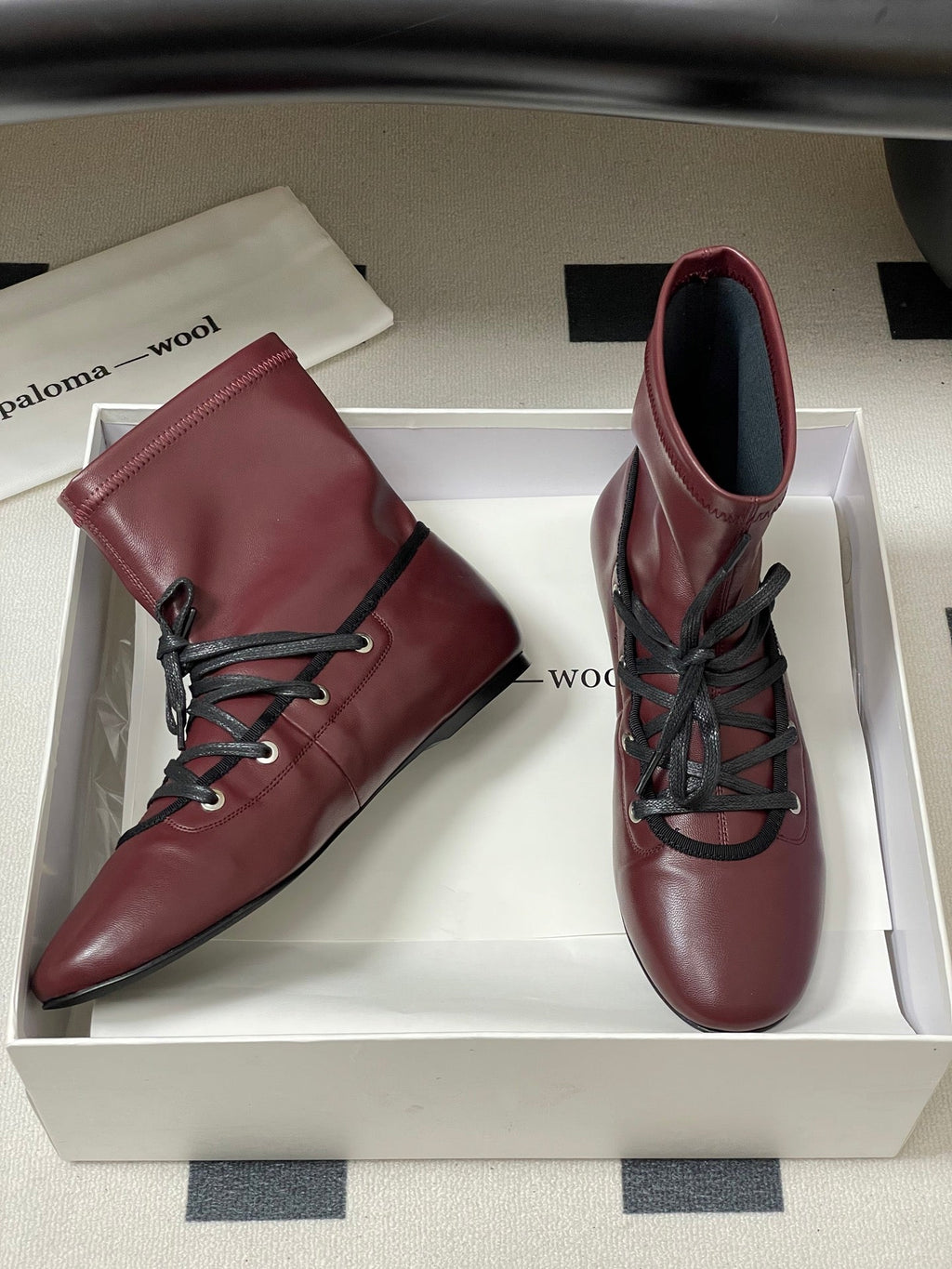 ALO 25S PALOMA WOOL FLAT ANKLE BOOTS IN DEEP RED LAMBSKIN