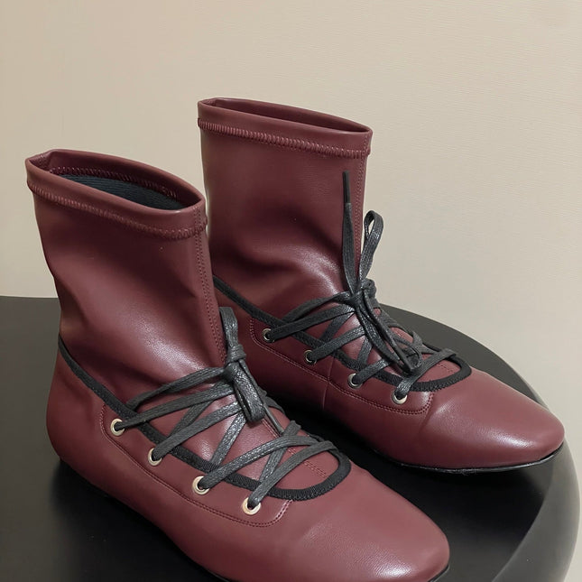 ALO 25S PALOMA WOOL FLAT ANKLE BOOTS IN DEEP RED LAMBSKIN
