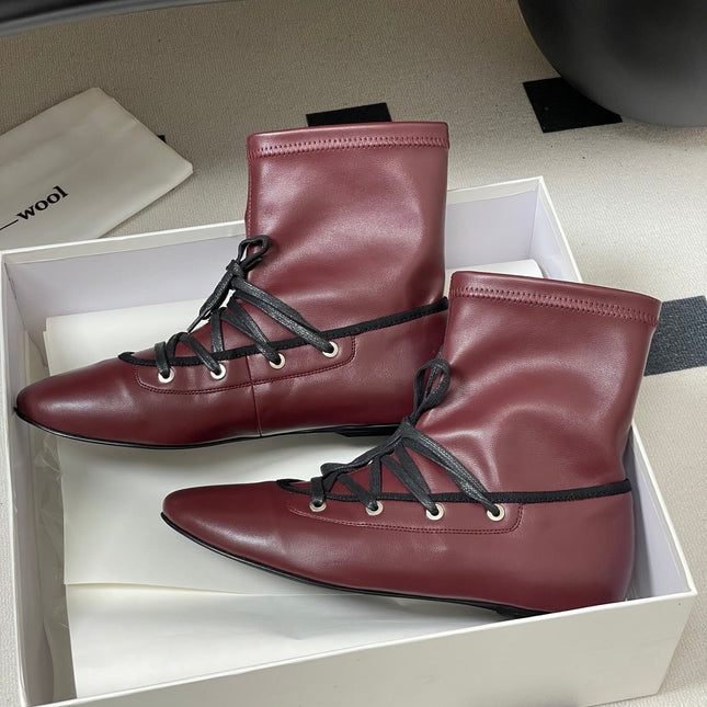 ALO 25S PALOMA WOOL FLAT ANKLE BOOTS IN DEEP RED LAMBSKIN