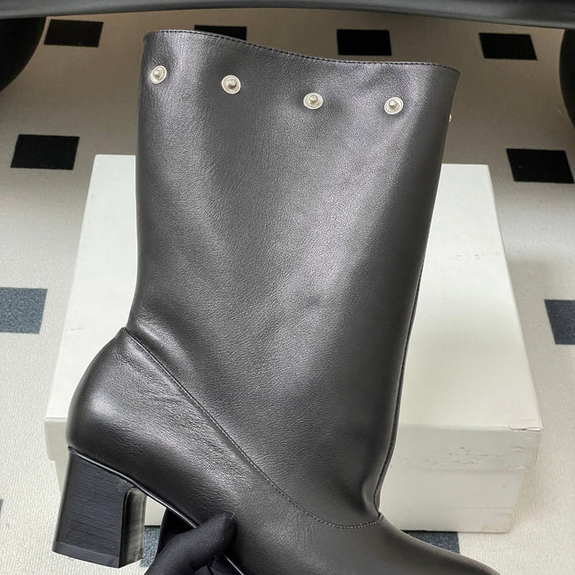 ALO 25S PALOMA WOOL TIERED BOOTS IN BLACK LAMBSKIN WITH STUD