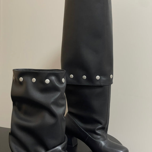 ALO 25S PALOMA WOOL TIERED BOOTS IN BLACK LAMBSKIN WITH STUD
