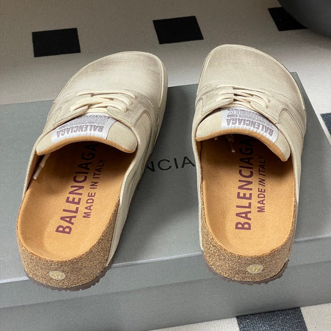 BALENCIAGA 25S MULES BIRKENSTOCK IN CREAM BEIGE SUEDE