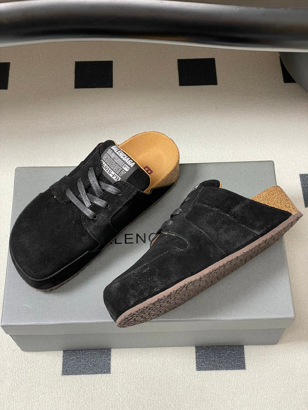 BALENCIAGA 25S MULES BIRKENSTOCK IN BLACK SUEDE