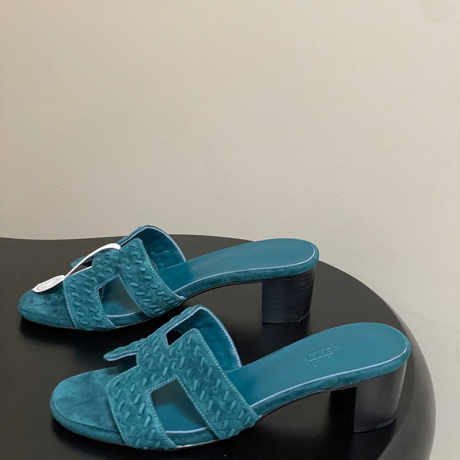 HM 25S ORAN HIGH‑HEEL SANDAL IN DARK BLUE SUEDE AND LAMBSKIN