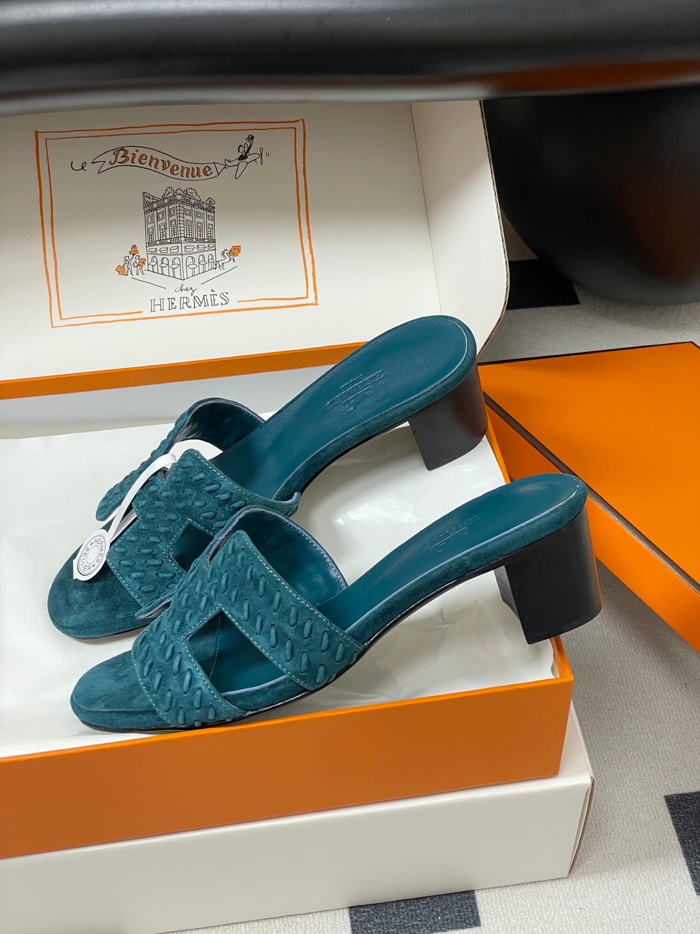 HM 25S ORAN HIGH‑HEEL SANDAL IN DARK BLUE SUEDE AND LAMBSKIN