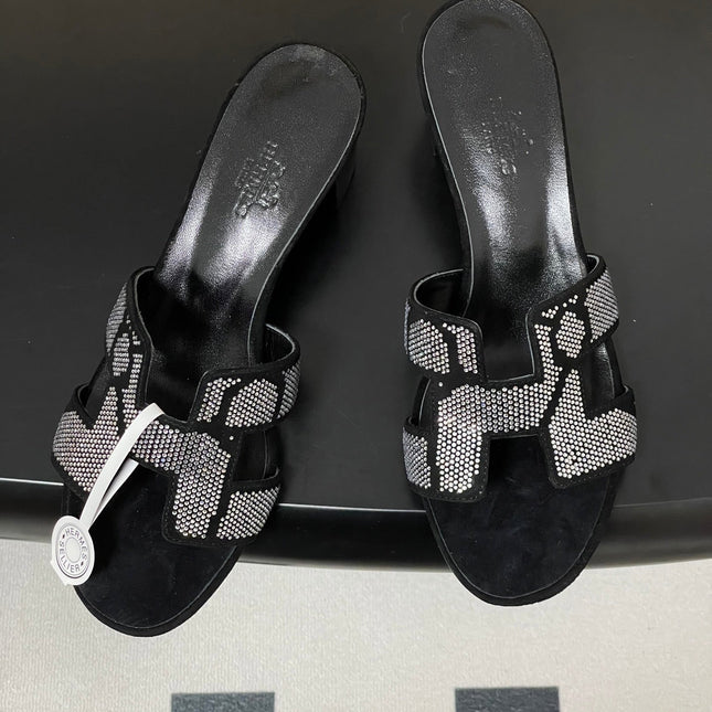 HM 25S ORAN HIGH‑HEEL SANDAL 50 MM IN BLACK LAMBSKIN WITH WHITE STONE DETAILS