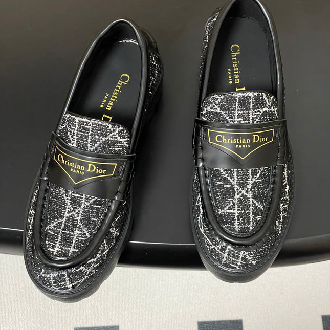 DIOR 25S BOY PLATFORM LOAFERS IN BLACK MIX WHITE TWEED AND LAMBSKIN
