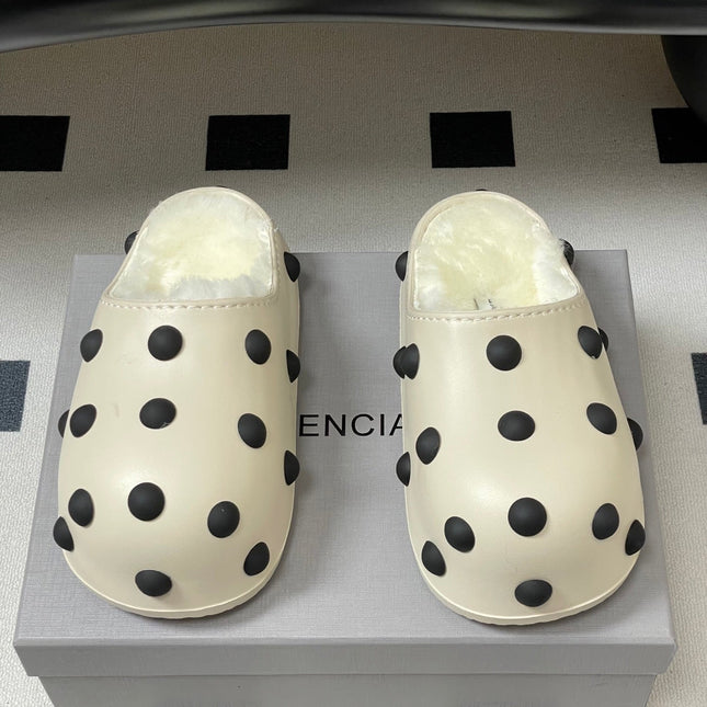 BALENCIAGA 25S FUR-LINED MULES IN WHITE FAUX LEATHER