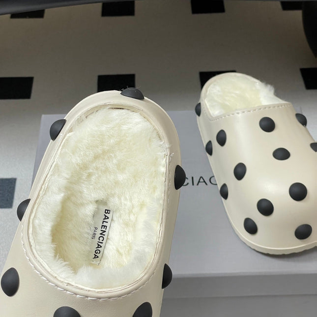 BALENCIAGA 25S FUR-LINED MULES IN WHITE FAUX LEATHER