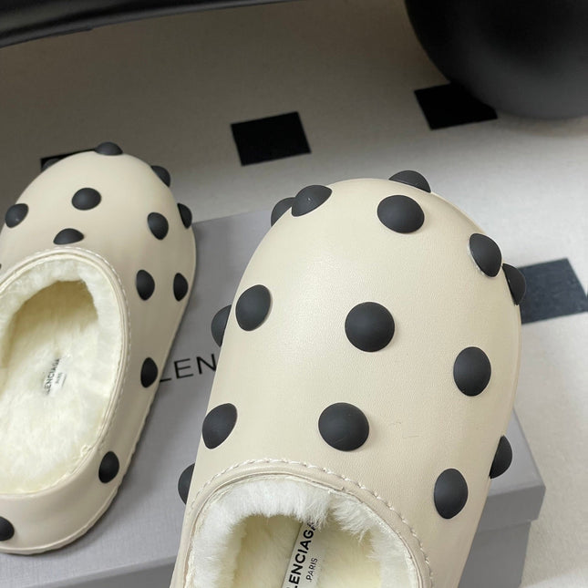 BALENCIAGA 25S FUR-LINED MULES IN WHITE FAUX LEATHER