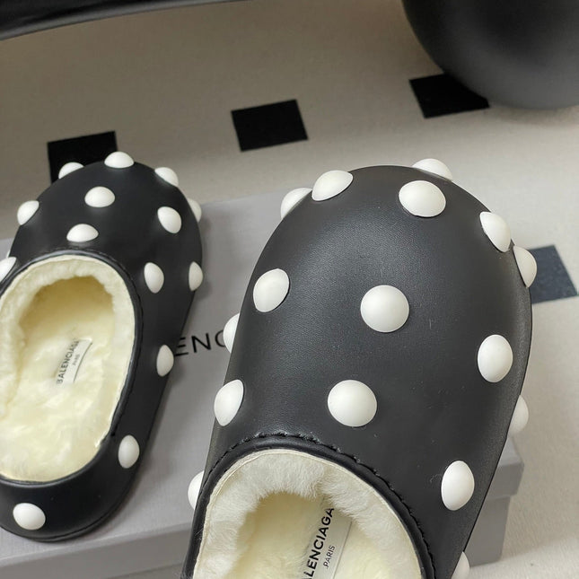 BALENCIAGA 25S FUR-LINED MULES IN BLACK AND WHITE FAUX LEATHER