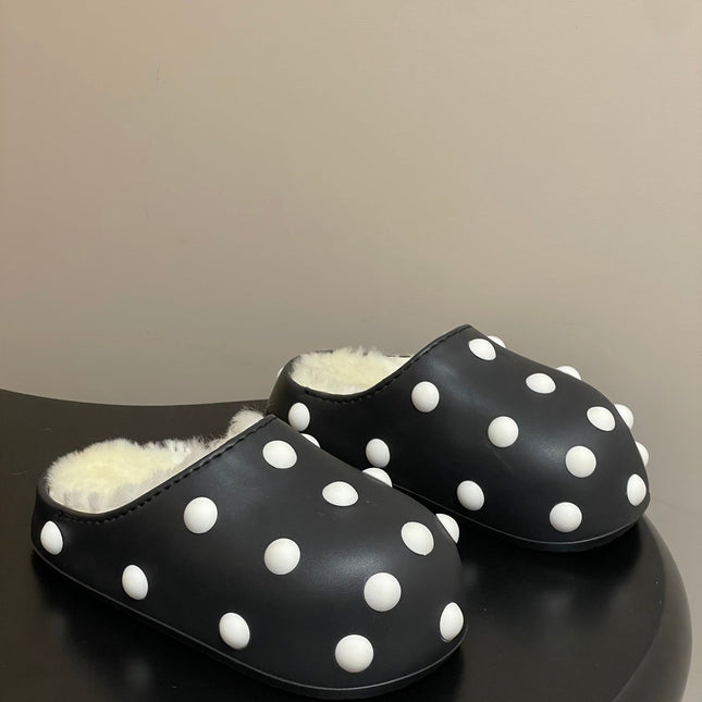 BALENCIAGA 25S FUR-LINED MULES IN BLACK AND WHITE FAUX LEATHER