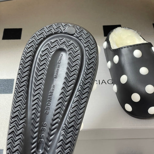 BALENCIAGA 25S FUR-LINED MULES IN BLACK AND WHITE FAUX LEATHER