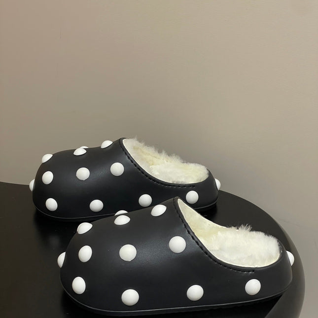 BALENCIAGA 25S FUR-LINED MULES IN BLACK AND WHITE FAUX LEATHER