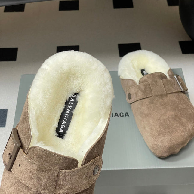 BALENCIAGA 25S FUR-LINED MULES IN EARTH BROWN FAUX LEATHER