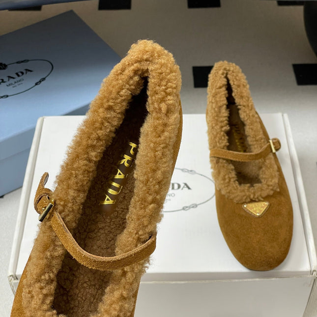 PRADA 25S MARY JANE FLATS IN DARK WALNUT BROWN SUEDE WITH GOLD HARDWARE