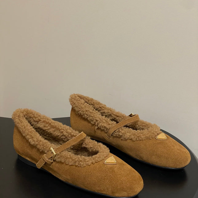 PRADA 25S MARY JANE FLATS IN DARK WALNUT BROWN SUEDE WITH GOLD HARDWARE