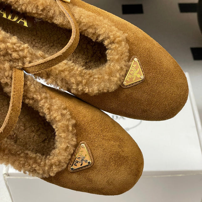 PRADA 25S MARY JANE FLATS IN DARK WALNUT BROWN SUEDE WITH GOLD HARDWARE