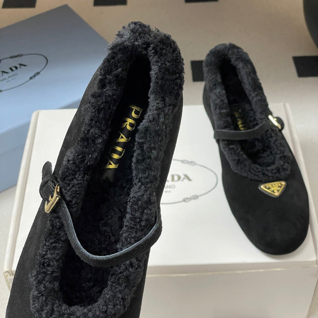 PRADA 25S MARY JANE FLATS IN BLACK SUEDE WITH GOLD HARDWARE