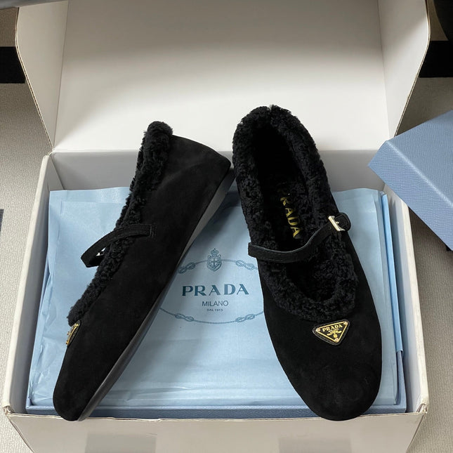 PRADA 25S MARY JANE FLATS IN BLACK SUEDE WITH GOLD HARDWARE
