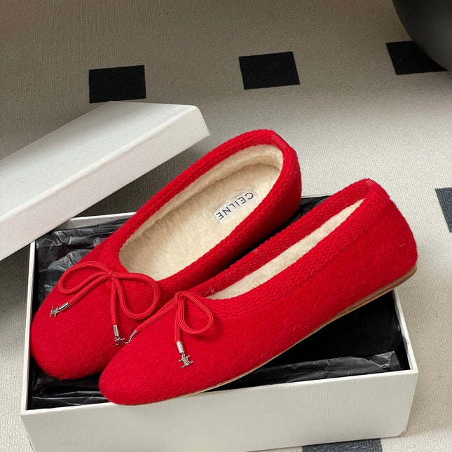 CELINE 26S BALLET FLATS IN RED WOOL WITH BOW STYLE 3