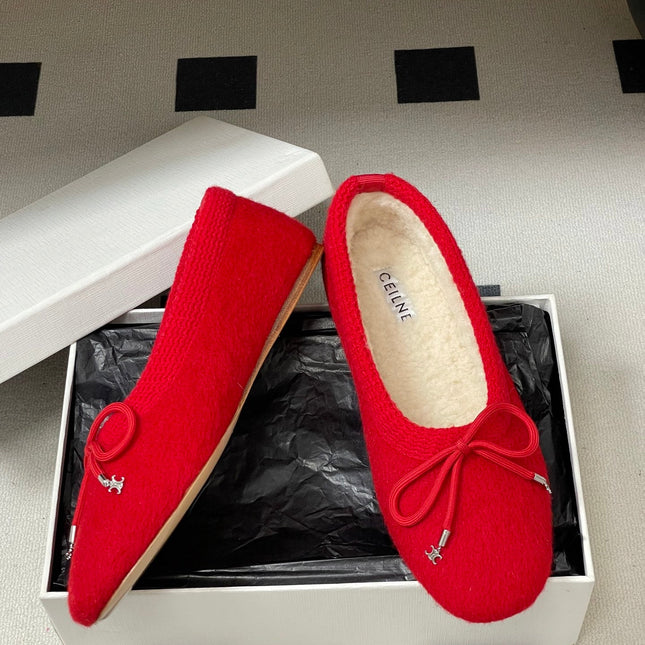 CELINE 26S BALLET FLATS IN RED WOOL WITH BOW STYLE 3