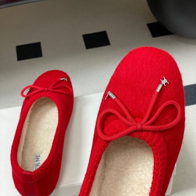 CELINE 26S BALLET FLATS IN RED WOOL WITH BOW STYLE 3