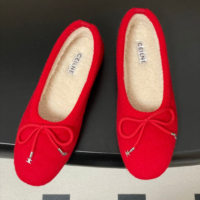 CELINE 26S BALLET FLATS IN RED WOOL WITH BOW STYLE 3