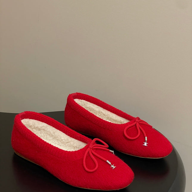 CELINE 26S BALLET FLATS IN RED WOOL WITH BOW STYLE 3