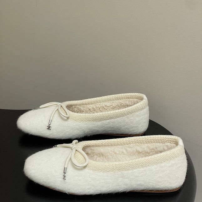 CELINE 26S BALLET FLATS IN CREAM WHITE WOOL WITH BOW