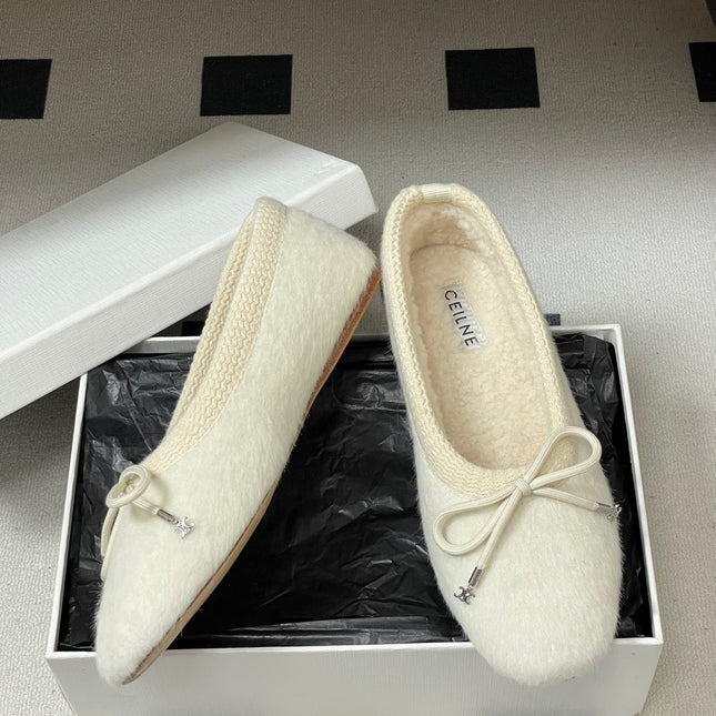 CELINE 26S BALLET FLATS IN CREAM WHITE WOOL WITH BOW