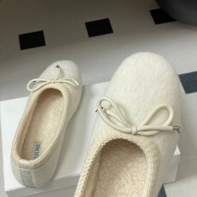 CELINE 26S BALLET FLATS IN WHITE WOOL WITH BOW STYLE 2