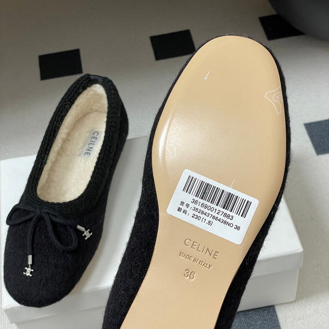 CELINE 26S BALLET FLATS IN BLACK WOOL WITH BOW STYLE 1