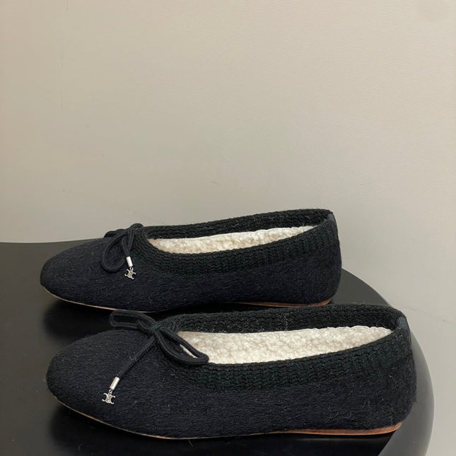 CELINE 26S BALLET FLATS IN BLACK WOOL WITH BOW STYLE 1